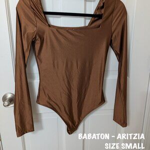 Babton Satinette Squareneck Long Sleeve Bodysuit - Brown - Size Small -